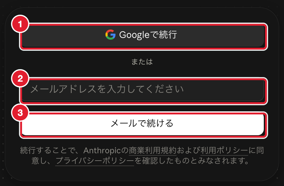 Claude Console のログイン画面（図中の赤枠の番号は、下の手順 1〜3 に対応）